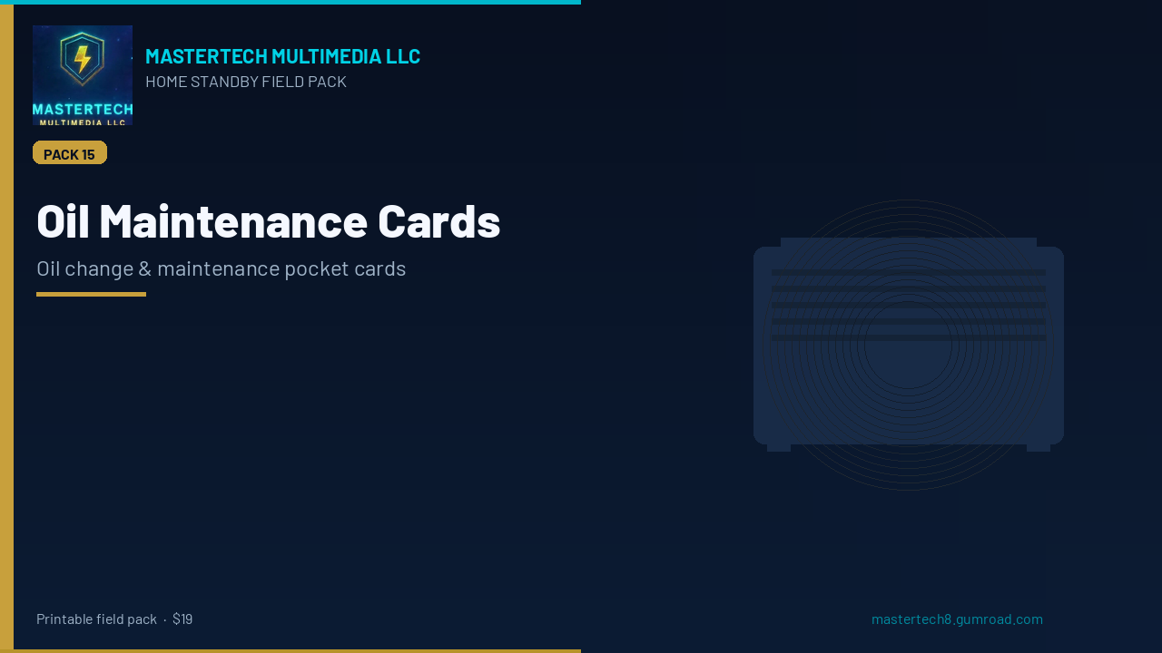 Home Standby Oil Change / Maintenance Interval Wallet Cards cover