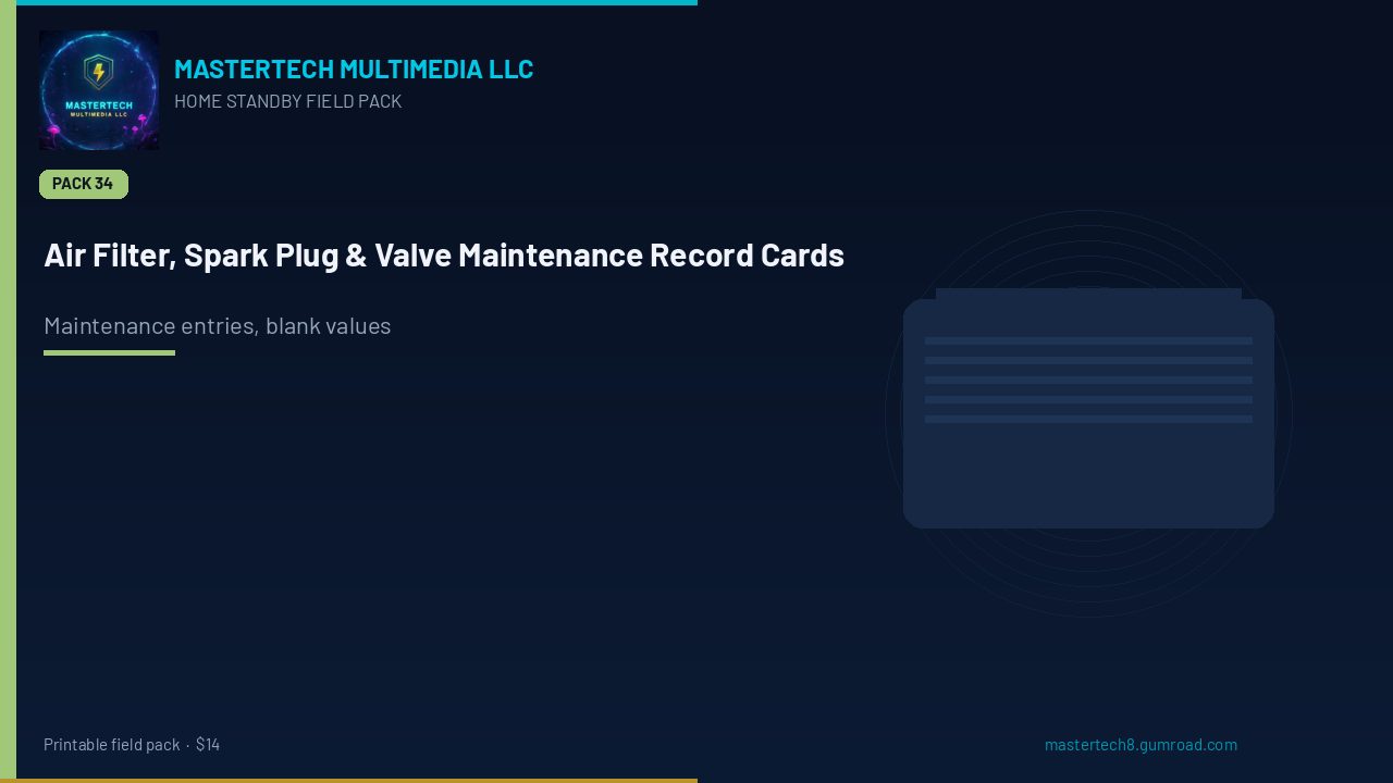 Home Standby Air Filter, Spark Plug & Valve Maintenance Record Cards cover