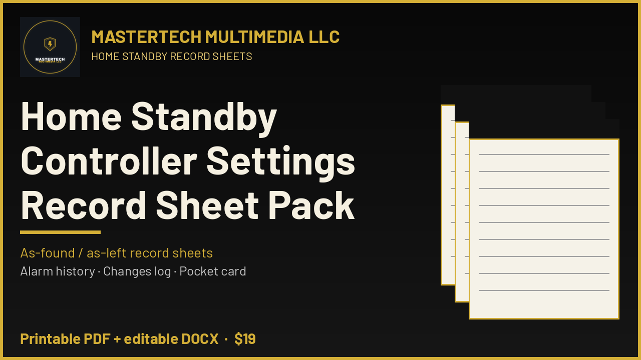 Home Standby Controller Settings Record Sheet Pack cover