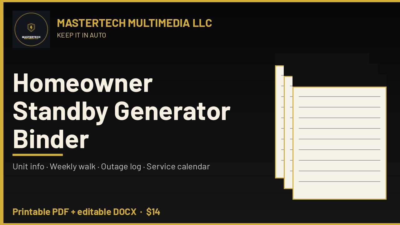 Standby Generator Owner Binder: Printable Outage & Service Records cover