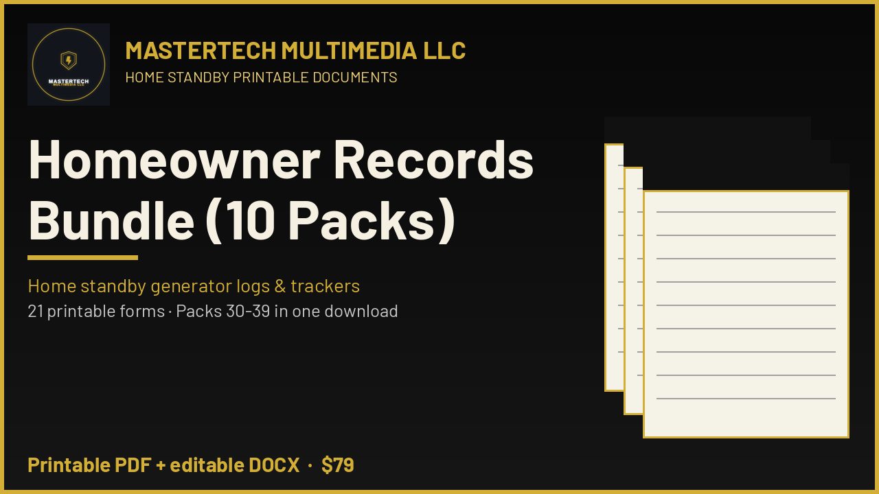 Homeowner Records Bundle: Home Standby Generator Logs & Trackers (10 Packs) cover