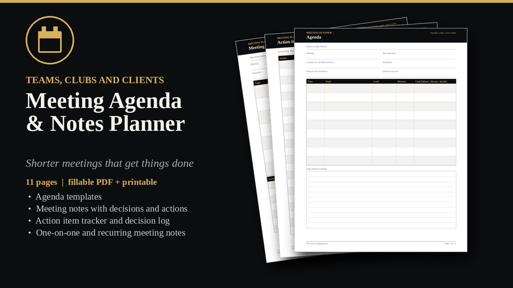 Meeting Agenda & Notes Planner cover