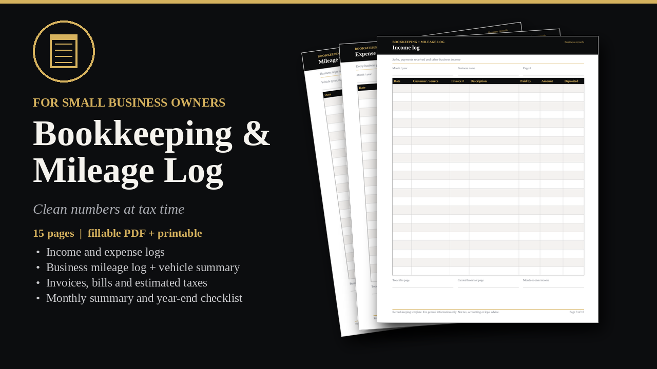 Small Business Bookkeeping & Mileage Log cover