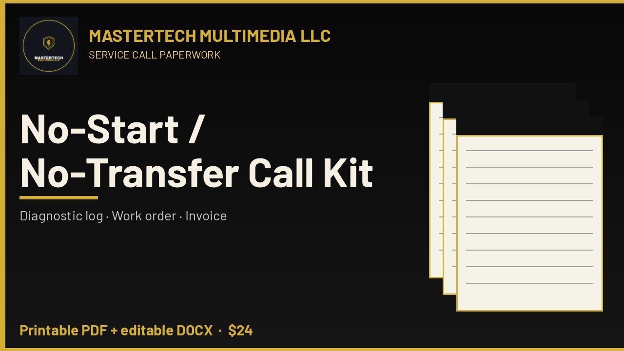 Generator No-Start / No-Transfer Call Forms: Log, Work Order & Invoice cover