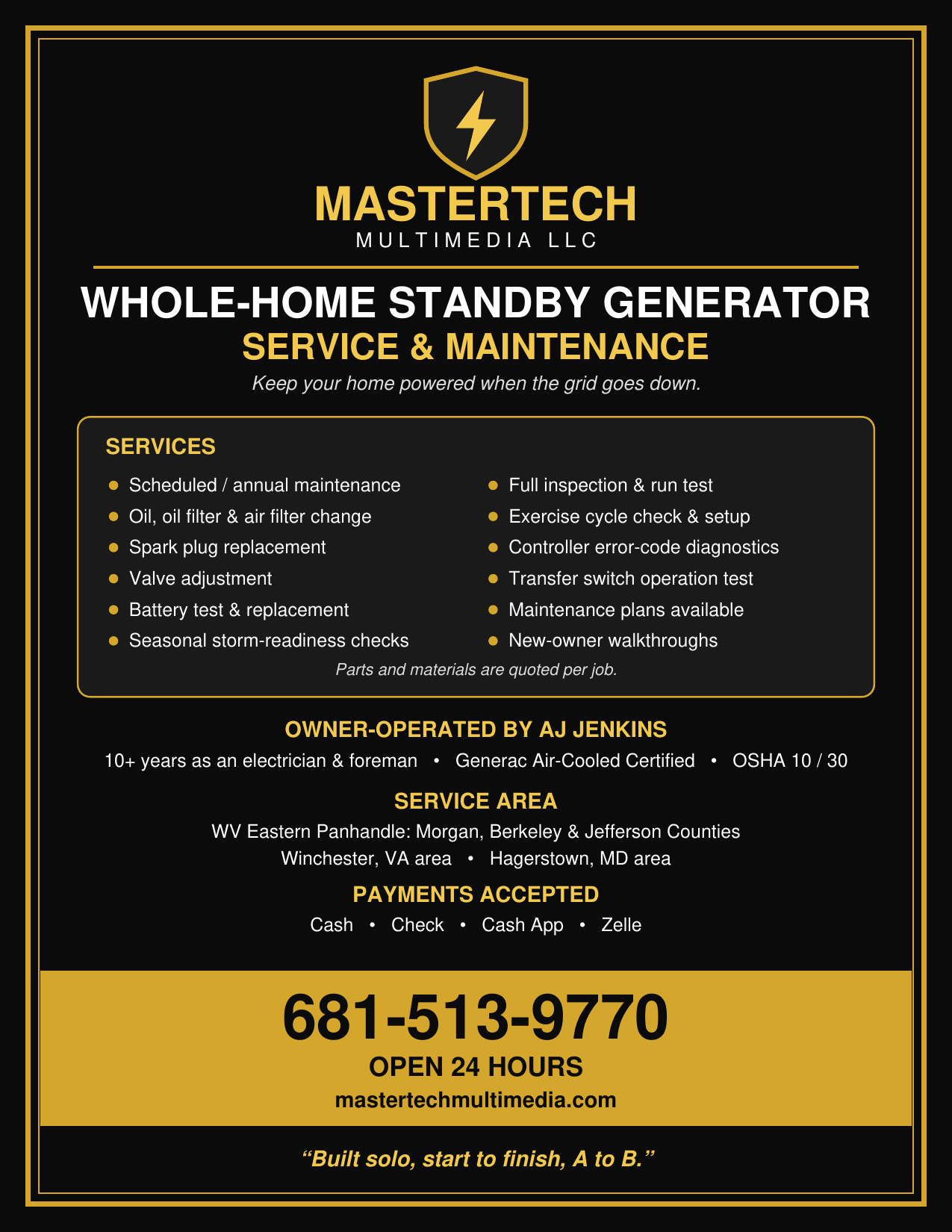 MasterTech MultiMedia LLC whole-home standby generator service and maintenance flyer